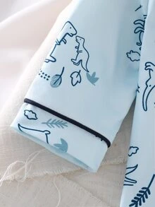 SHEIN Vintaside Kids Newborn Baby Autumn/Winter One-Piece Pajamas, Cartoon Dinosaur Print Pattern, Drawstring Trim Fabric, Long Sleeve Round Neck Button Pants - Blue - View 5