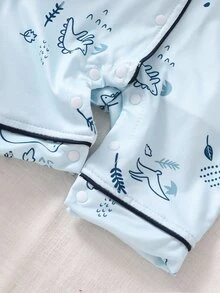 SHEIN Vintaside Kids Newborn Baby Autumn/Winter One-Piece Pajamas, Cartoon Dinosaur Print Pattern, Drawstring Trim Fabric, Long Sleeve Round Neck Button Pants - Blue - View 8