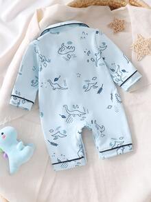 SHEIN Vintaside Kids Newborn Baby Autumn/Winter One-Piece Pajamas, Cartoon Dinosaur Print Pattern, Drawstring Trim Fabric, Long Sleeve Round Neck Button Pants - Blue - View 3