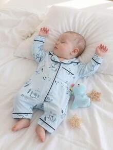 SHEIN Vintaside Kids Newborn Baby Autumn/Winter One-Piece Pajamas, Cartoon Dinosaur Print Pattern, Drawstring Trim Fabric, Long Sleeve Round Neck Button Pants - Blue - View 2