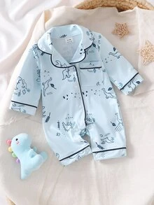 SHEIN Vintaside Kids Newborn Baby Autumn/Winter One-Piece Pajamas, Cartoon Dinosaur Print Pattern, Drawstring Trim Fabric, Long Sleeve Round Neck Button Pants - Blue - View 6