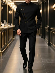 Manfinity Mode Men's Luxury Design Stand-Collar Blazer, Suitable For Daily Commuting, Business, Parties, And Banquets. - Black - View 1
