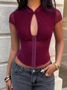 Aloruh Women's Solid Color Cutout Design Front Button Cap Sleeve Slim Fit Sexy Top Black Corset - Burgundy - View 3