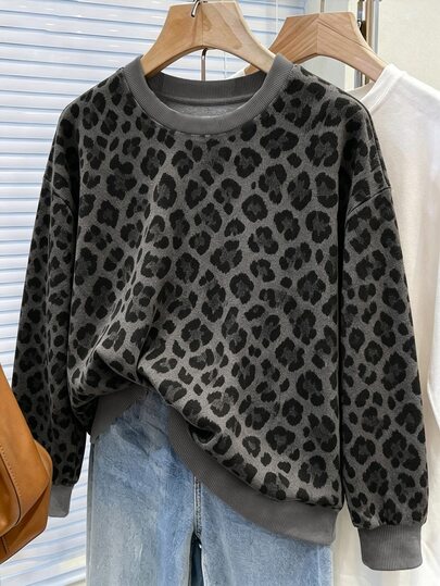 INAWLY Plus Size Casual Leopard Print Sweatshirt, Autumn/Winter