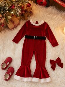 Girls Christmas Velvet Long Sleeve Jumpsuit, Faux Fur Trim Red Bell Bottom Christmas Performance Outfit - Red - View 7