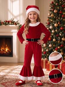 Girls Christmas Velvet Long Sleeve Jumpsuit, Faux Fur Trim Red Bell Bottom Christmas Performance Outfit - Red - View 1