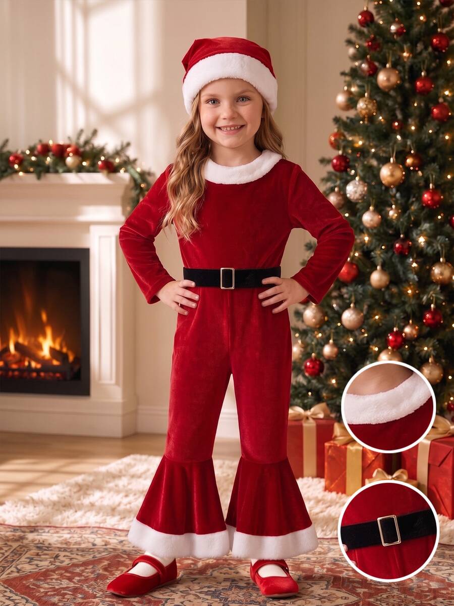 Girls Christmas Velvet Long Sleeve Jumpsuit, Faux Fur Trim Red Bell Bottom Christmas Performance Outfit - Red - View 1