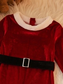 Girls Christmas Velvet Long Sleeve Jumpsuit, Faux Fur Trim Red Bell Bottom Christmas Performance Outfit - Red - View 3