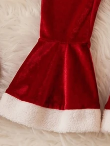 Girls Christmas Velvet Long Sleeve Jumpsuit, Faux Fur Trim Red Bell Bottom Christmas Performance Outfit - Red - View 5