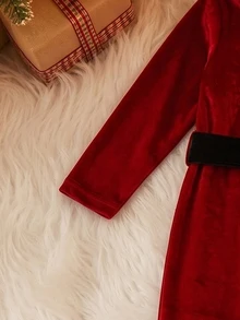 Girls Christmas Velvet Long Sleeve Jumpsuit, Faux Fur Trim Red Bell Bottom Christmas Performance Outfit - Red - View 4
