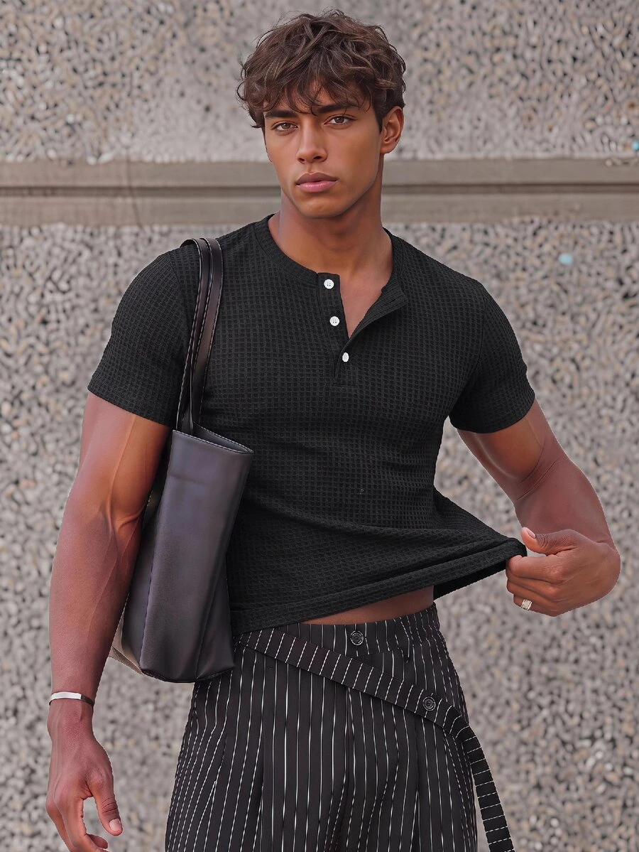 ESTAVOR Casual Men's Solid Color Button Short Sleeve T-Shirt For Daily Wear - Black - View 1
