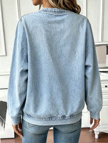 EMERY ROSE Light Blue Printed Zip-Up Crew Neck Plus Size Women's Sweatshirt Fall - Multicolor - View 3