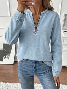 EMERY ROSE Light Blue Printed Zip-Up Crew Neck Plus Size Women's Sweatshirt Fall - Multicolor - View 5