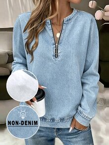 EMERY ROSE Light Blue Printed Zip-Up Crew Neck Plus Size Women's Sweatshirt Fall - Multicolor - View 1