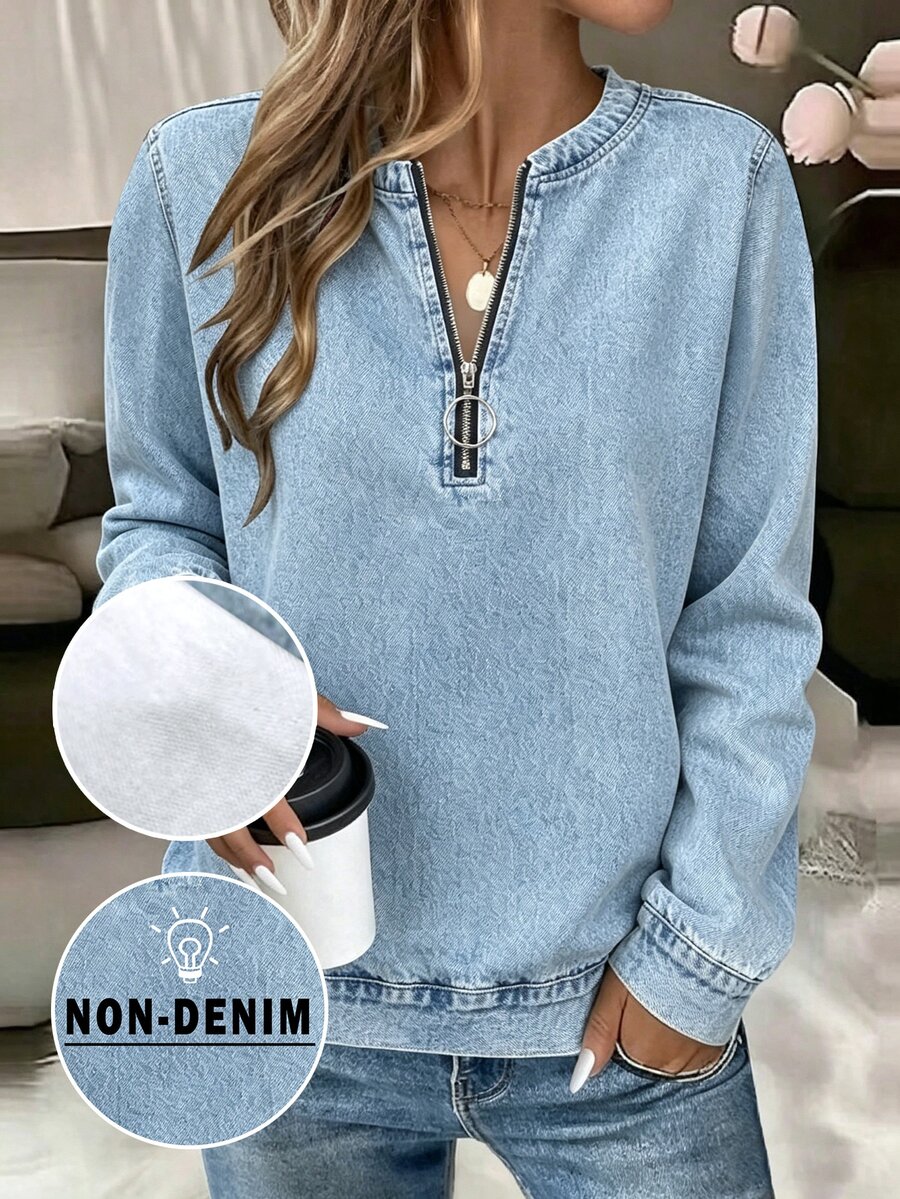 EMERY ROSE Light Blue Printed Zip-Up Crew Neck Plus Size Women's Sweatshirt Fall - Multicolor - View 1