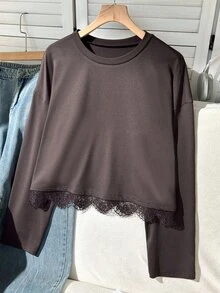 Comfortcana Kaos Lengan Panjang Wanita Ukuran Besar Gaya Kasual dengan Renda Kontras Warna Cokelat - Coklat - View 4