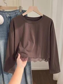 Comfortcana Kaos Lengan Panjang Wanita Ukuran Besar Gaya Kasual dengan Renda Kontras Warna Cokelat - Coklat - View 2