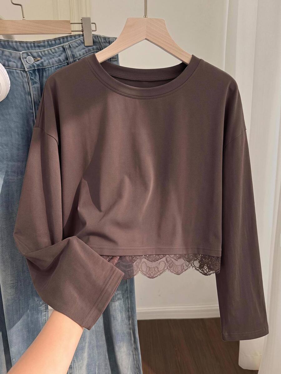 Comfortcana Kaos Lengan Panjang Wanita Ukuran Besar Gaya Kasual dengan Renda Kontras Warna Cokelat - Coklat - View 1