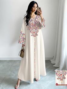 SHEIN Najma [印花設計] 女款彩色藤蔓圖案數位印花V領長袖優雅端莊中東阿拉伯風洋裝，夏季 - 彩色 - 查看 1