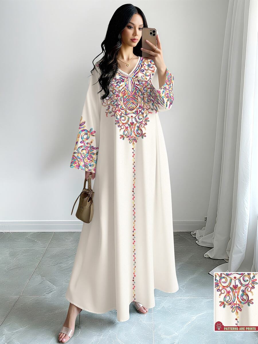 SHEIN Najma [印花設計] 女款彩色藤蔓圖案數位印花V領長袖優雅端莊中東阿拉伯風洋裝，夏季 - 彩色 - 查看 1