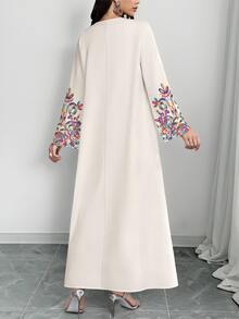 SHEIN Najma [印花設計] 女款彩色藤蔓圖案數位印花V領長袖優雅端莊中東阿拉伯風洋裝，夏季 - 彩色 - 查看 3
