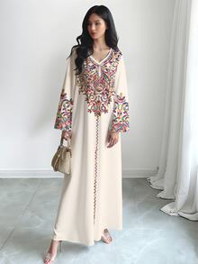 SHEIN Najma [印花設計] 女款彩色藤蔓圖案數位印花V領長袖優雅端莊中東阿拉伯風洋裝，夏季 - 彩色 - 查看 4