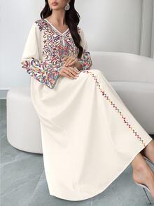 SHEIN Najma [印花設計] 女款彩色藤蔓圖案數位印花V領長袖優雅端莊中東阿拉伯風洋裝，夏季 - 彩色 - 查看 5