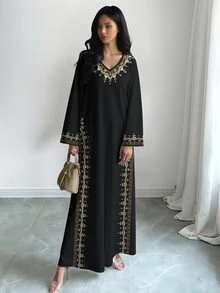 SHEIN Najma [印花設計] 女款花卉仿珍珠印花V領長袖優雅端莊正式大尺碼阿拉伯風夏季黑色金飾Abaya長袍 - 彩色 - 查看 5