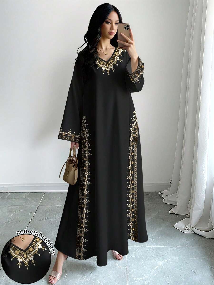 SHEIN Najma [印花設計] 女款花卉仿珍珠印花V領長袖優雅端莊正式大尺碼阿拉伯風夏季黑色金飾Abaya長袍 - 彩色 - 查看 1
