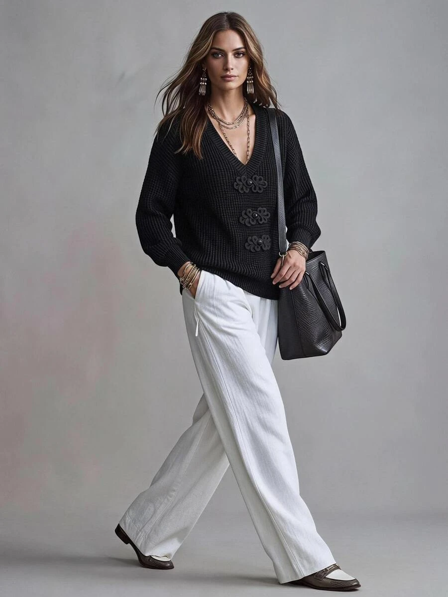 Linhara CURVE 大尺碼女款V領休閒百搭長袖針織衫 - 黑色 - 查看 1