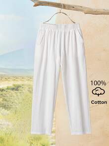 Rusticease Women's Solid Color Minimalist Basic Casual Pants Linen European Summer Clothes Fall Everyday Home White Vacation - White - View 8