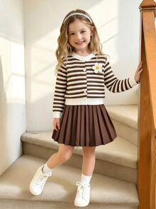 Elladie kids 女童可愛休閒日常針織開襟外套，多色花卉粉色鈕扣，活潑可愛，搭配粉色裙子，秋季兒童戶外穿搭 - 咖啡棕 - 查看 5