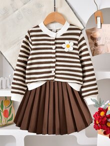 Elladie kids 女童可愛休閒日常針織開襟外套，多色花卉粉色鈕扣，活潑可愛，搭配粉色裙子，秋季兒童戶外穿搭 - 咖啡棕 - 查看 6