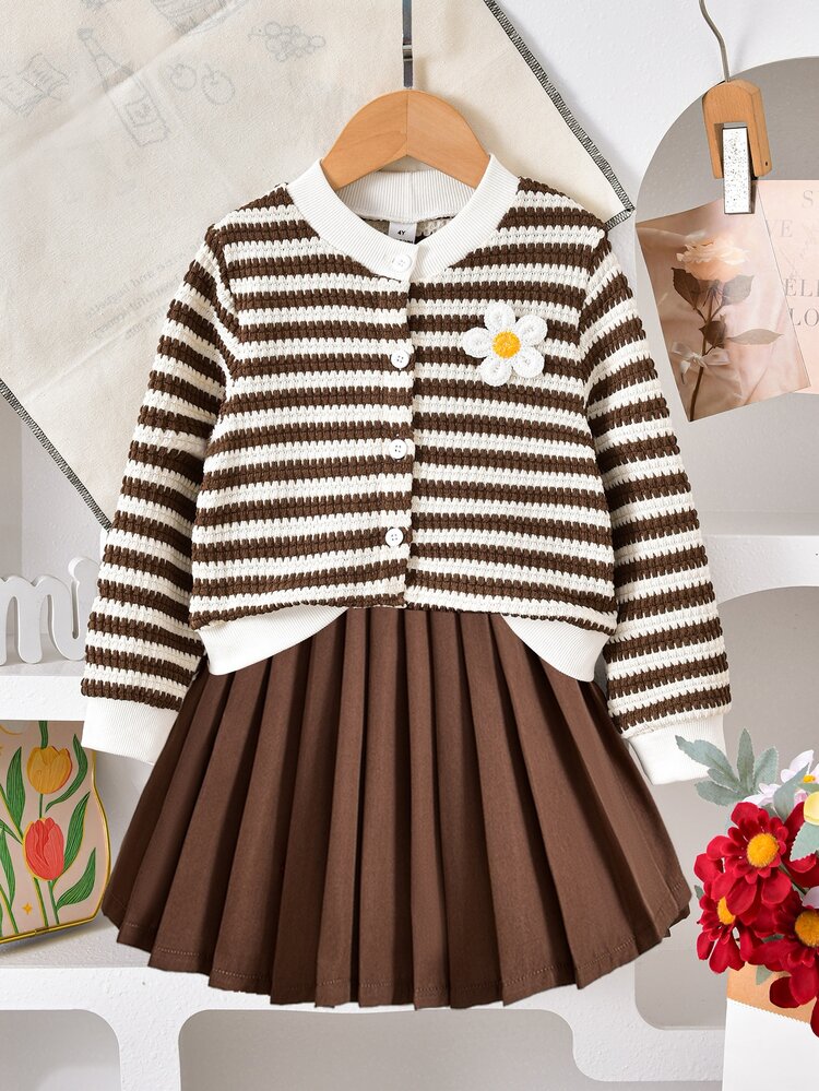 Elladie kids Girls Cute Casual Daily Knit Cardigan Jacket With Multi-Color Floral Pink Buttons Lively And Adorable Paired With Pink Skirt Autumn Children's Outdoor - Coffee Brown - View 5