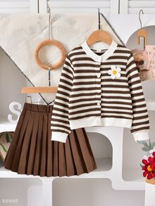 Elladie kids 女童可愛休閒日常針織開襟外套，多色花卉粉色鈕扣，活潑可愛，搭配粉色裙子，秋季兒童戶外穿搭 - 咖啡棕 - 查看 8