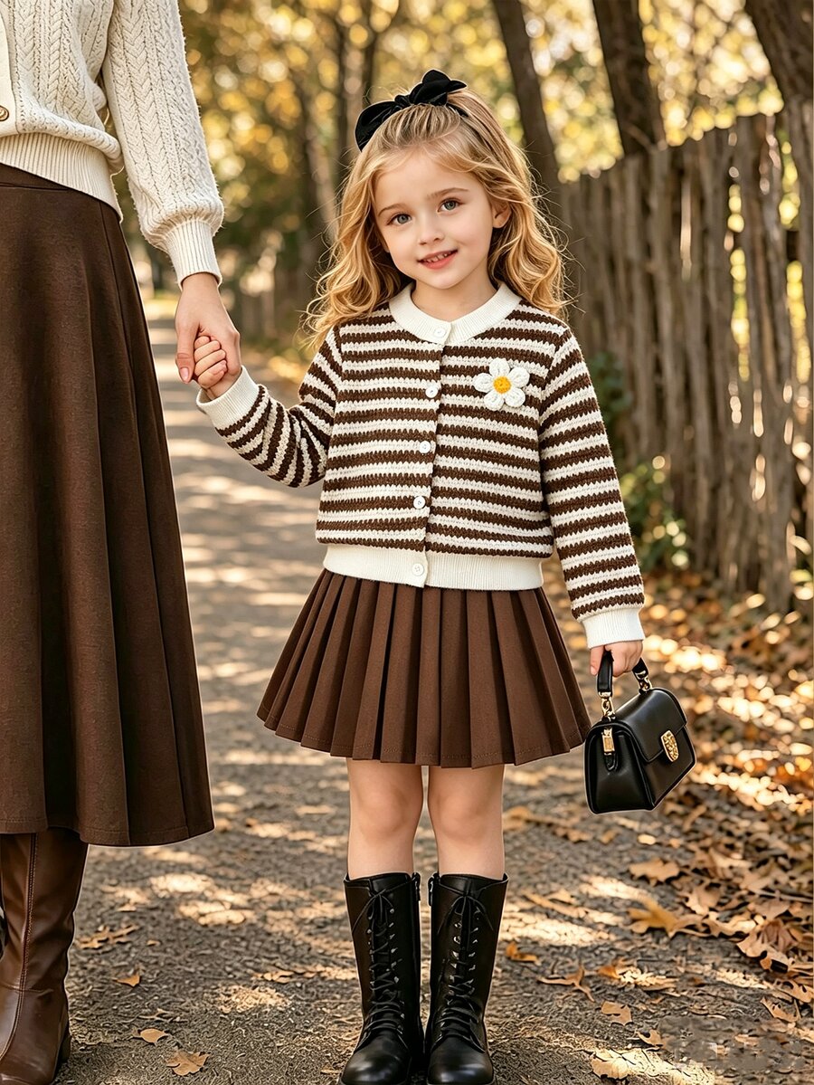 Elladie kids 女童可愛休閒日常針織開襟外套，多色花卉粉色鈕扣，活潑可愛，搭配粉色裙子，秋季兒童戶外穿搭