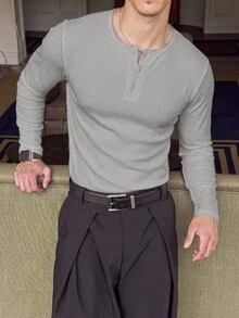 ESTAVOR Men's Solid Color Button Half-Placket Long Sleeve Slim Fit T-Shirt - Grey - View 2
