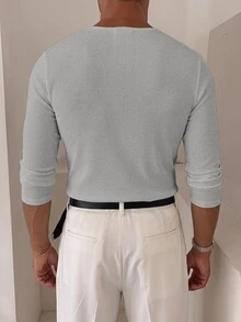ESTAVOR Men's Solid Color Button Half-Placket Long Sleeve Slim Fit T-Shirt - Grey - View 3