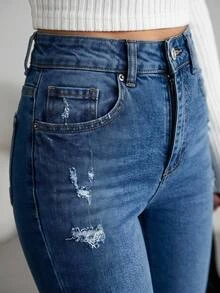 SHEIN بنطلون جينز أسود عالي الخصر قطن 98% قصة بوت كت مريح مطاطي للاستخدام اليومي للنساء - أزرق متوسط - مشاهدة 5
