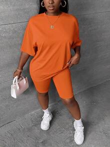 Slaydiva Plus Size Summer Casual Soft Solid Color Short Sleeve T-Shirt And Shorts 2 Pieces Set Thanksgiving Formal Gym Red - Orange - View 6