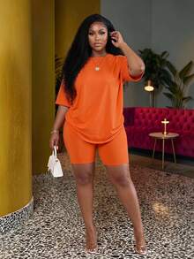 Slaydiva Plus Size Summer Casual Soft Solid Color Short Sleeve T-Shirt And Shorts 2 Pieces Set Thanksgiving Formal Gym Red - Orange - View 2