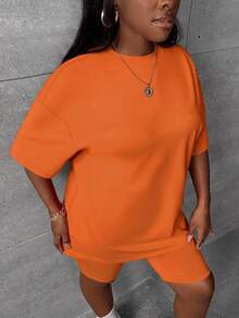 Slaydiva Plus Size Summer Casual Soft Solid Color Short Sleeve T-Shirt And Shorts 2 Pieces Set Thanksgiving Formal Gym Red - Orange - View 4