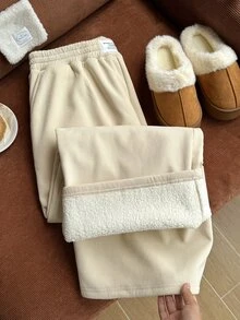 Comfortcana 大尺碼女款秋季奶油色燈芯絨高腰寬鬆休閒優雅大廓型寬腿褲，附口袋與拼接設計，適合居家與正式場合 - 卡其色 - 查看 3