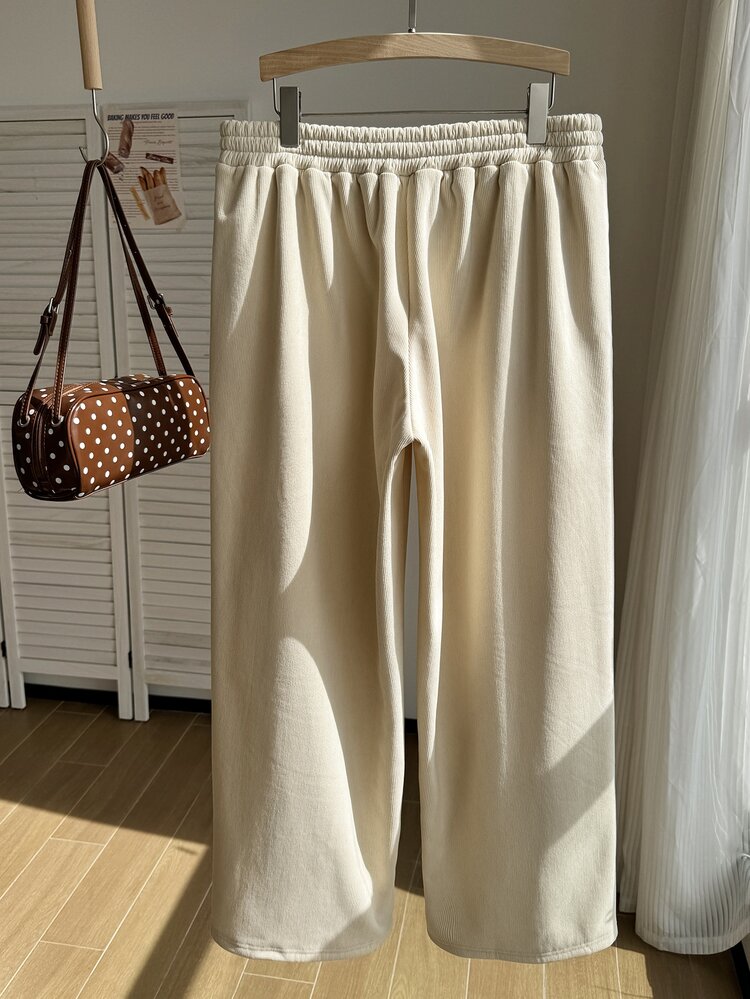 Comfortcana Plus Size Women's Autumn/Winter Khaki Corduroy High Waist Loose Wide Leg Pants With Pockets And Patch Design, Suitable For Campus, Daily Wear And Indoor Work - Khaki - View 2