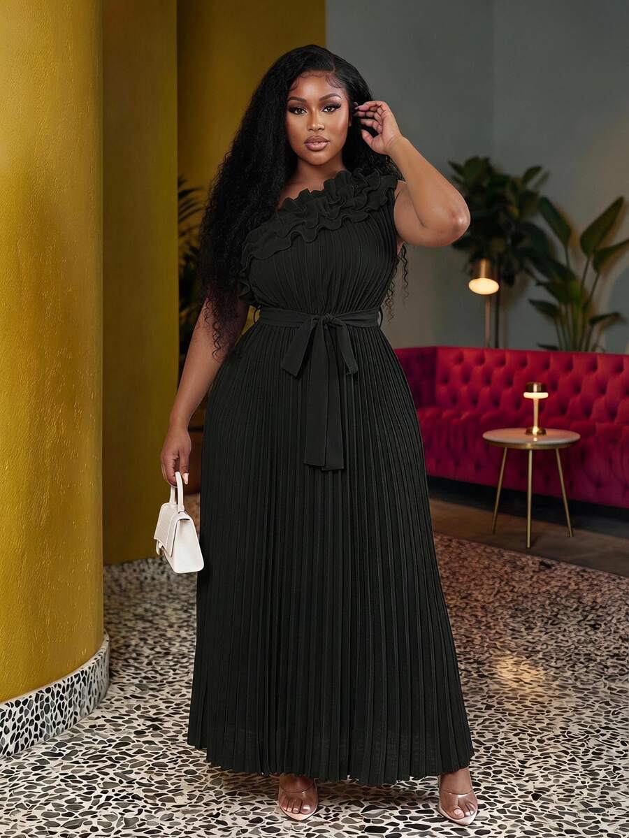 Slaydiva فستان أنيق فاخر كبير الحجم مع كسرات على الأكتاف والخصر، لون المشمش، موسم الصيف - الأسود - مشاهدة 1