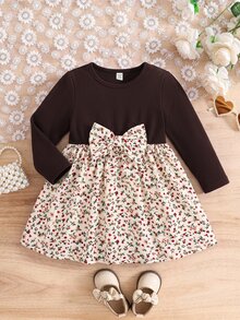 SHEIN Baby Girl Colorblock Ditsy Floral Long Pants Bowknot Dress - Brown - View 4