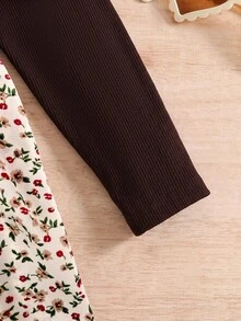 SHEIN Baby Girl Colorblock Ditsy Floral Long Pants Bowknot Dress - Brown - View 5