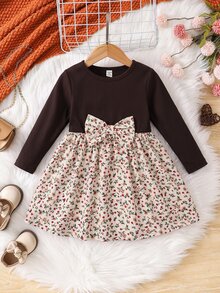 SHEIN Baby Girl Colorblock Ditsy Floral Long Pants Bowknot Dress - Brown - View 8