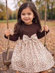 SHEIN Baby Girl Colorblock Ditsy Floral Long Pants Bowknot Dress - Brown - View 1