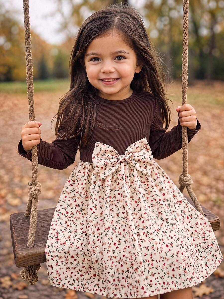 SHEIN Baby Girl Colorblock Ditsy Floral Long Pants Bowknot Dress - Brown - View 1